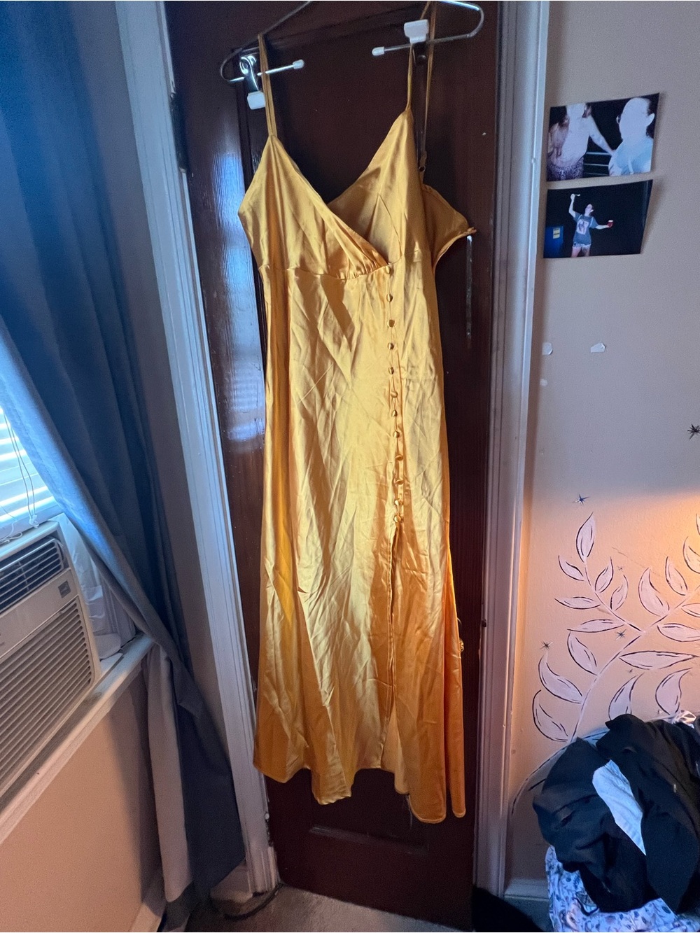 Women's Mustard Yellow Satin Slip Dress with Spaghetti Straps